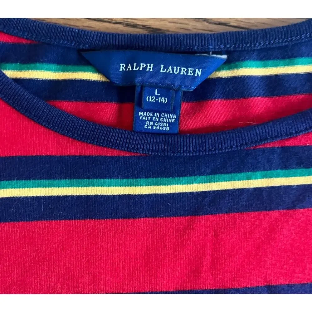 NWT Polo Ralph Lauren Red Blue Stripped Ruffle Party Dress-Size Large